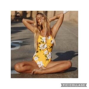 Cupshe Sunny Yellow Floral Print Lace-Up One-Piece Swimsuit Size Medium